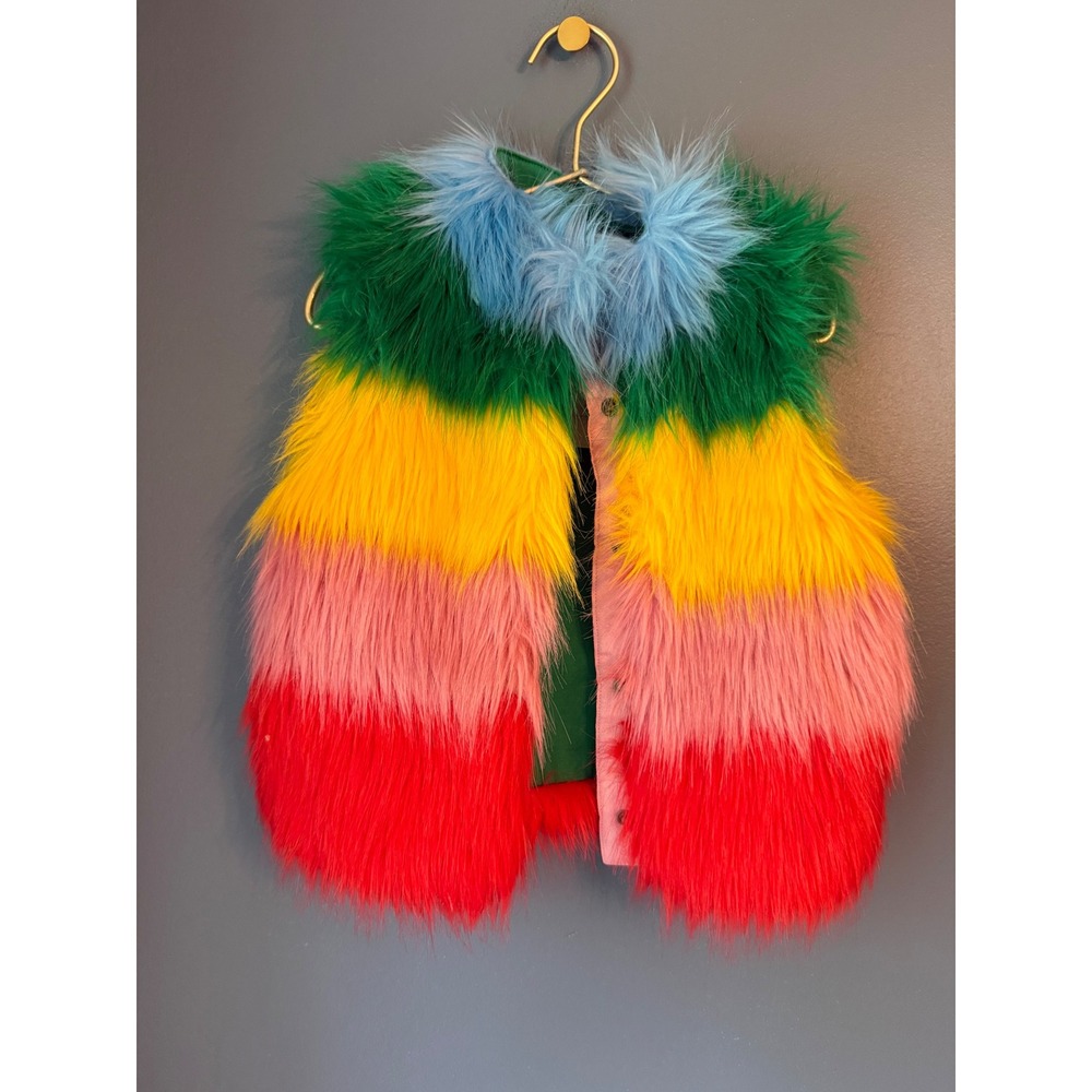 Mini Boden Kids Rainbow Faux Fur Vest Colorblock Snap Front Size 2-3Y 98cm